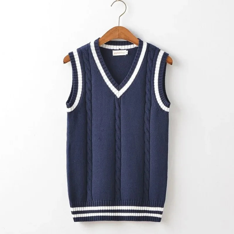 Striped White Knitted Sweaters for Men Blue Sleeveless Man Clothes V Neck Vest Red Waistcoat Jumpers Sweat-shirt Cotton