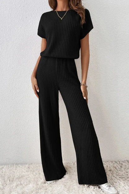 Women Spring Autumn New Collection Solid Color Fine Pit Strip Fashion Shoulder Short Sleeve Knitted Set Top Pants Two Piece Set