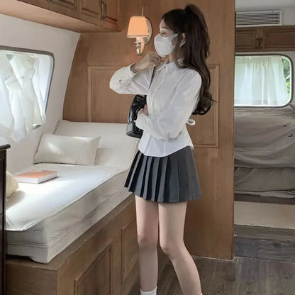 Preppy Bandage Basic White Shirt Women Slim Long Sleeve Cute Top School Uniform Button Down Shirts Blouse Female Polo Neck Lady