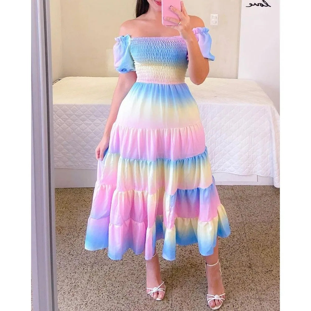 Elegant Women's Off Shoulder Midi Dress 2025 Summer Fashion dresses High Waist Flower Print Short  Sleeve Dress Robe Clothing
