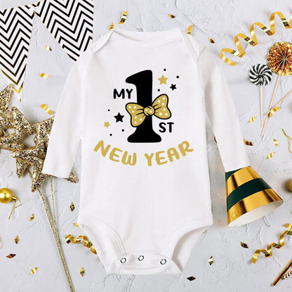 My First New Year Print Baby Romper Infant Long Sleeve Bodysuit Toddler Holiday Jumpsuit Boys Girls Clothes Newborn Shower Gifts