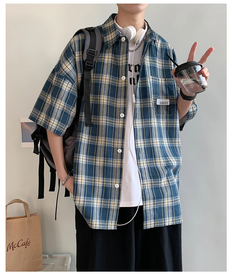 Korean Y2k Streetwear Plaid Shirt Men Shirts 2025 New Summer Fashion Chemise Homme Men's Checkered Shirts Short Sleeve Men Blouse
