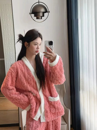 2pcs/Set Autumn And Winter Pajamas Women Thickened Padded Warm Students Coral Girls Clot Velvet Suit Home wear Cardigan Trousers