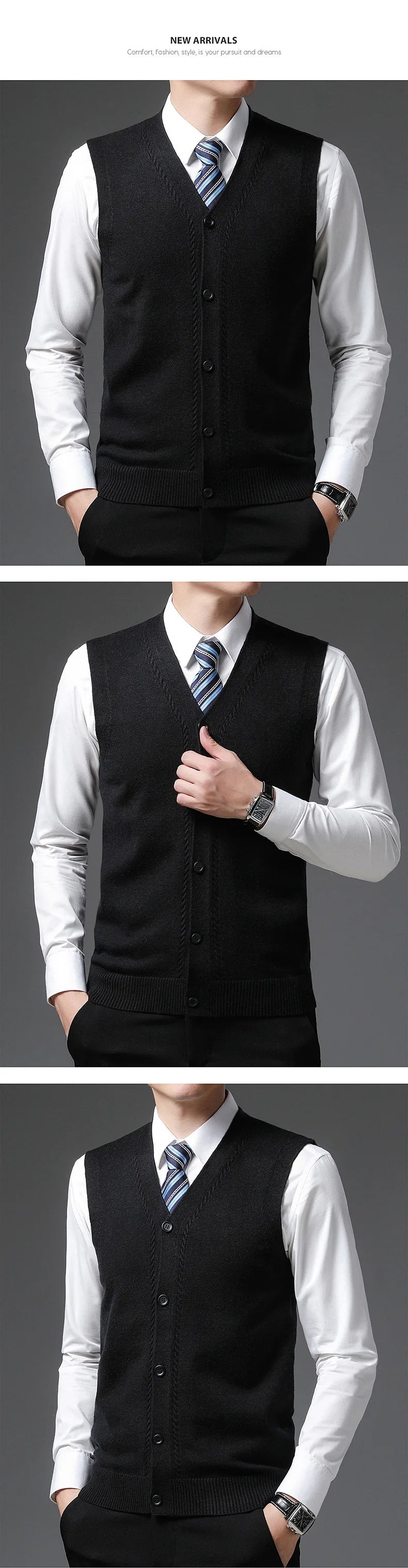 2025 Men's New Autumn and Winter Vest Young Casual Warm Knit Sleeveless Base Shirt Solid Color Jacquard Cardigan Vest