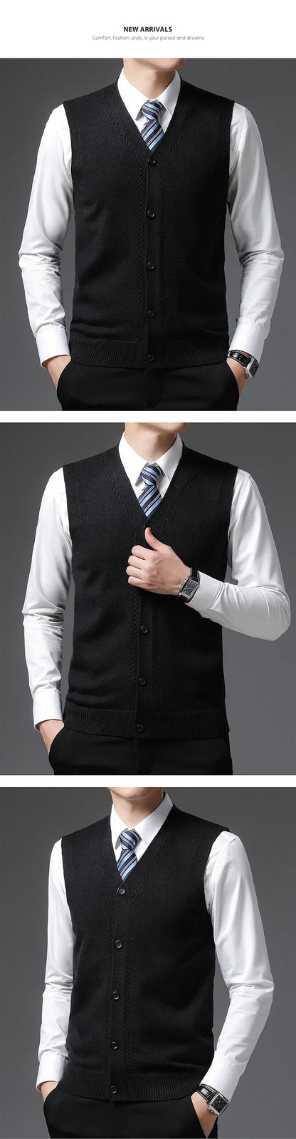 2025 Men's New Autumn and Winter Vest Young Casual Warm Knit Sleeveless Base Shirt Solid Color Jacquard Cardigan Vest