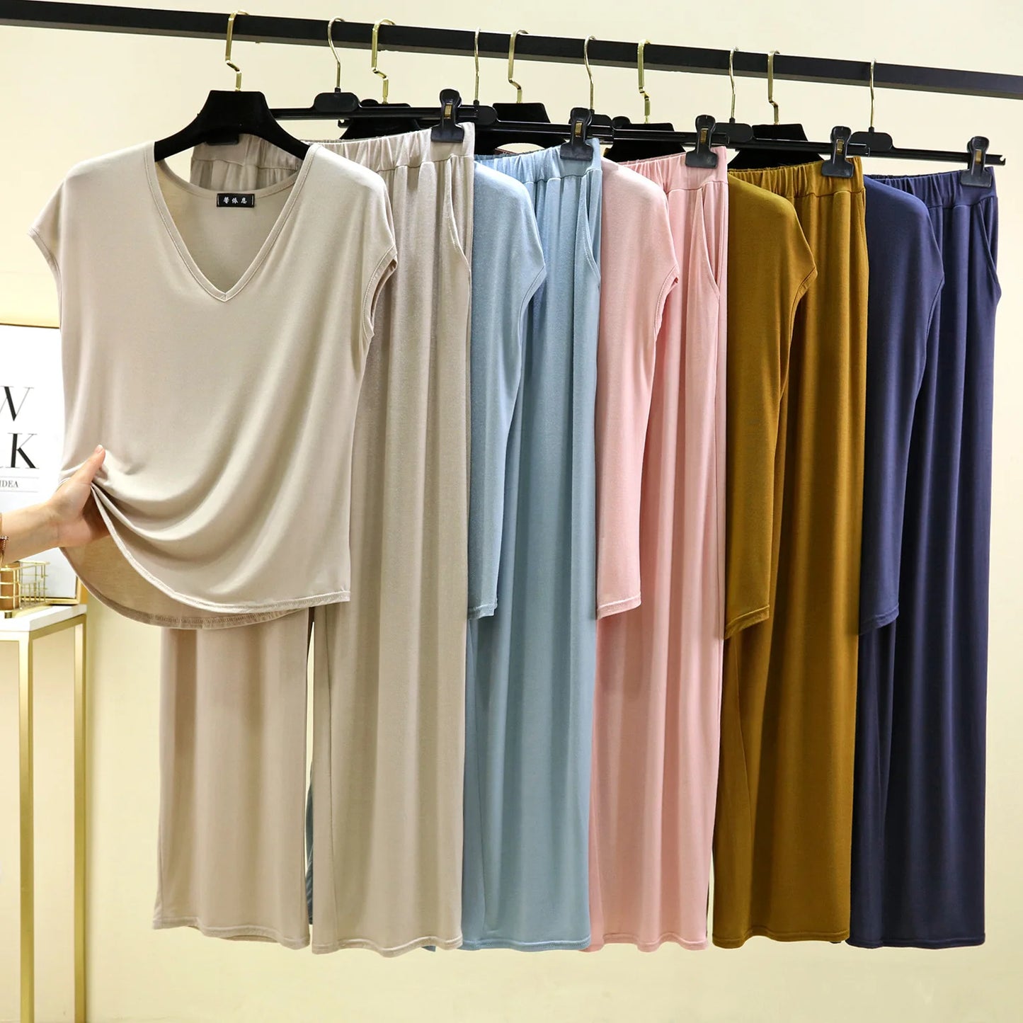 Modal Home wear 2pcs set V-Neck T-shirt sleeveless and Pants summer women's Loose sleepwear suits Solid color Casual Pajamas sets