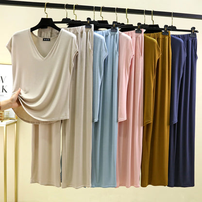 Modal Home wear 2pcs set V-Neck T-shirt sleeveless and Pants summer women's Loose sleepwear suits Solid color Casual Pajamas sets