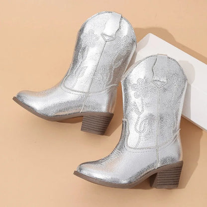 Luxury Gold Silver Western Knee High Boots Girls Premium Quality Slip-on Cowboy Long Booties Kids Heeled Point Toe Floral Botas