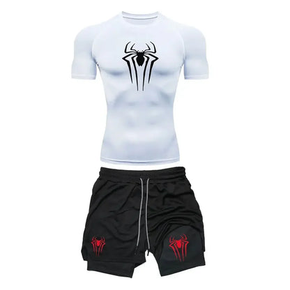 Men's Workout Compression Set Y2K Spider Printed Gym T-shirts Breathable Running Shorts Quick Dry Sports Rash Guard Sportwear Set