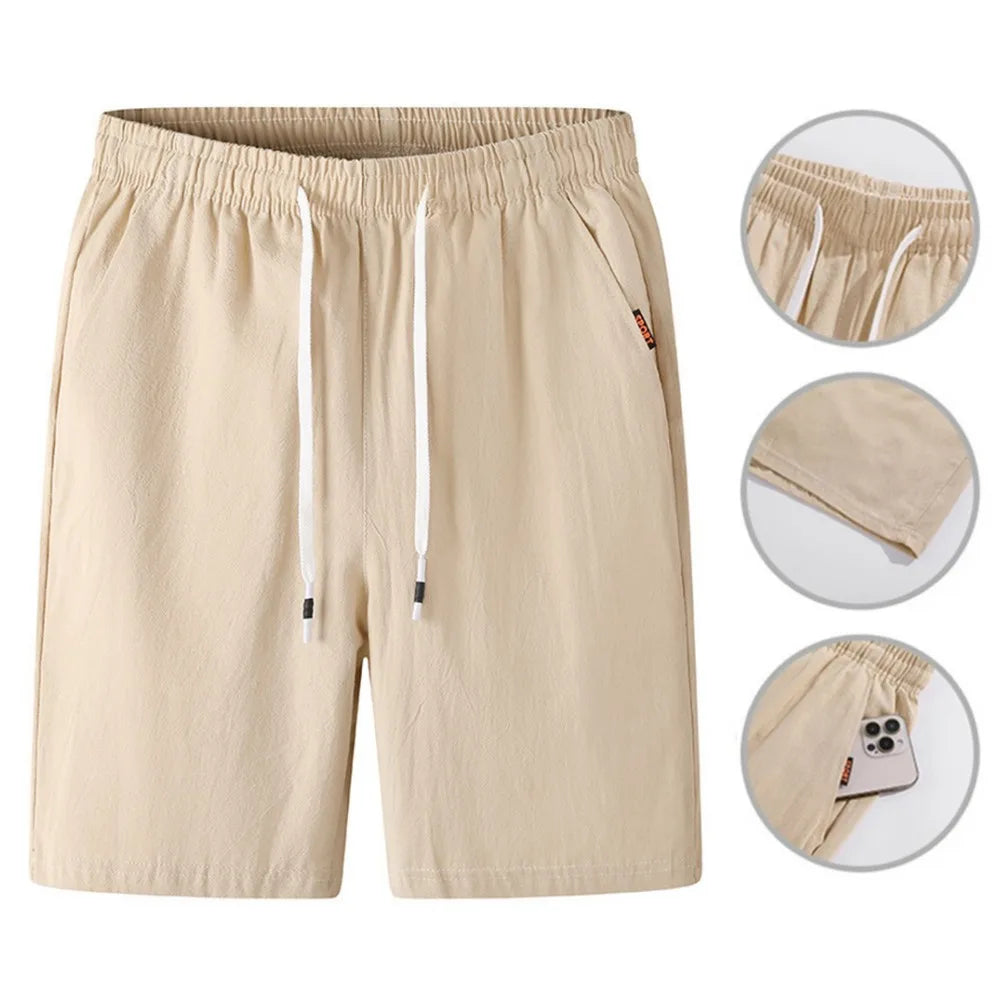 New Men's Cotton Linen Shorts Pants Male Summer Breathable Solid Color Linen Trousers Fitness Streetwear Loose Lace up Bottoms