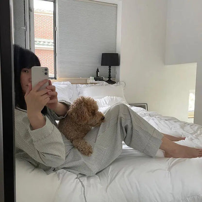 Striped Sleepwear Women Pajama Sets Korean Pajama Autumn Pants Sets for Women 2 Pieces Button Night Wears Long Sleeve Home Suit