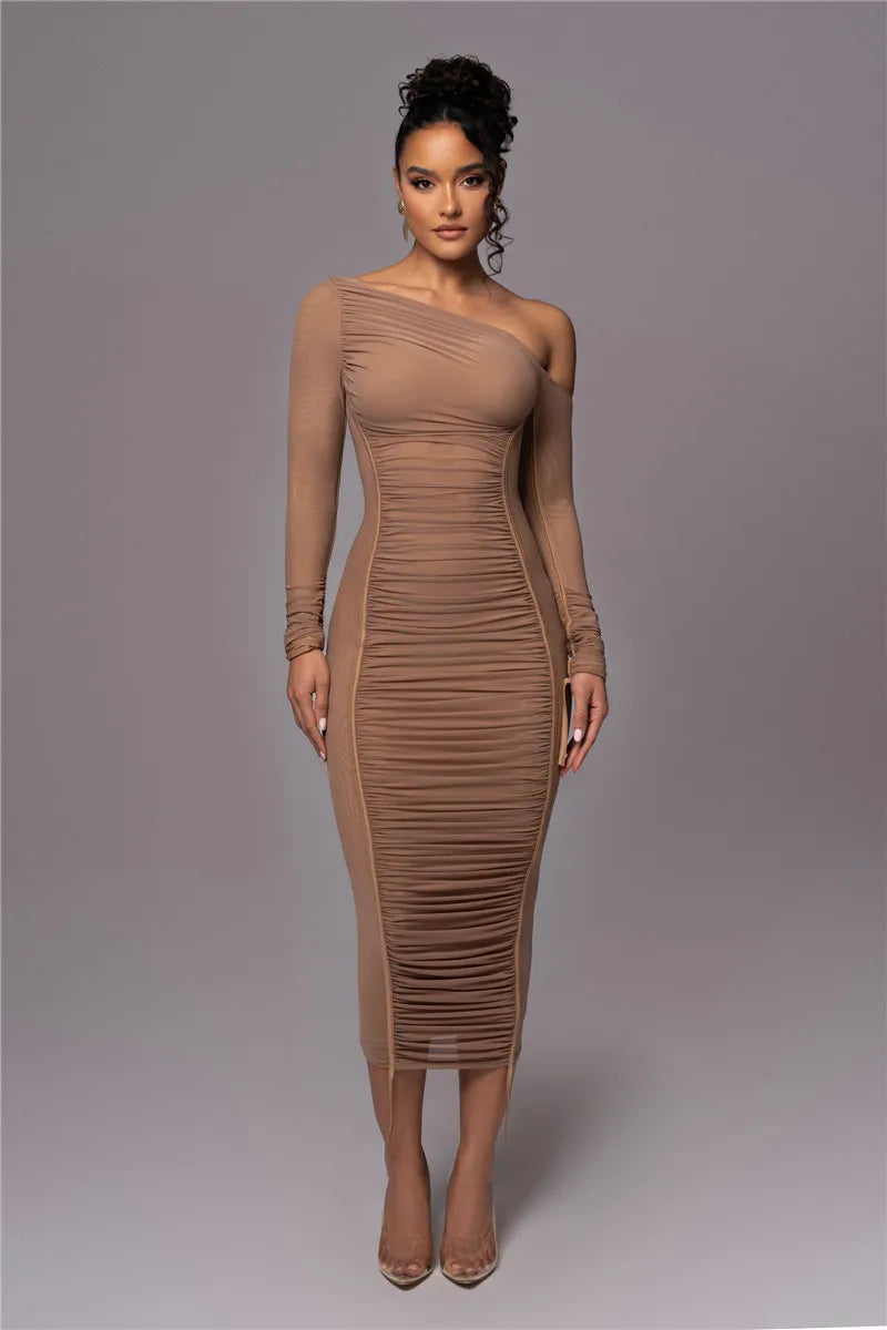 Diagonal Collar Long Sleeve Midi Dress For Women Two Layer Mesh Backless Ruched Bodycon Club Party Sexy Long Dress