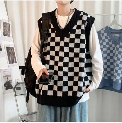 Men Knitted V Neck Japanese Vintage Loose Sleeveless Plaid Vests Chic Pullovers Chaleco Hombre Blue Checkerboard Sweater Vest