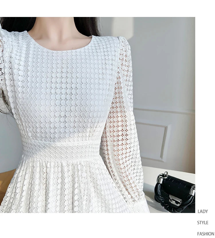 Lace Long Sleeves White Midi Dresses for Women 2025 New Autumn French Elegant Fashion Evening Wedding Party Robe Female Clothing