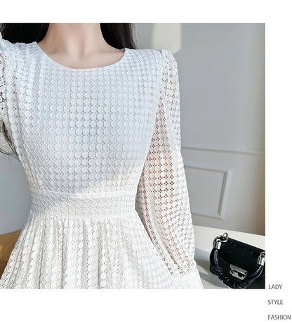 Lace Long Sleeves White Midi Dresses for Women 2025 New Autumn French Elegant Fashion Evening Wedding Party Robe Female Clothing