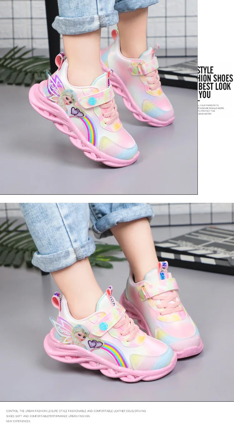 Disney Girls' Casual Shoes Led Lights Mesh Breathable Children's Sports  Princess Elsa Pink Purple Shoes Sneakers Size 22-37