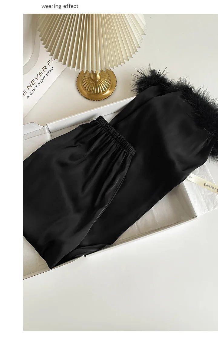 Spring Autumn Female Pajamas Trouser Set Luxury Feather Pink Bride Wedding Sleep wear Gift Sexy Loose Satin Home Wear Lounge wear