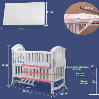 Mini Baby Crib 4 in 1 Convertible with Memory Foam Mattress(38"by 24") Included, Cunas para Babes 2024 Natural Wood Portable Crib