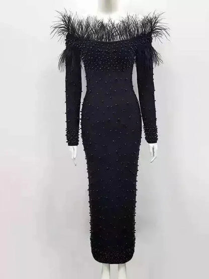 Luxury Feather Beading Party Dress For Women Sexy Off Shoulder Long Sleeve Elegant Bodycon Formal Event Evening Wedding Robes
