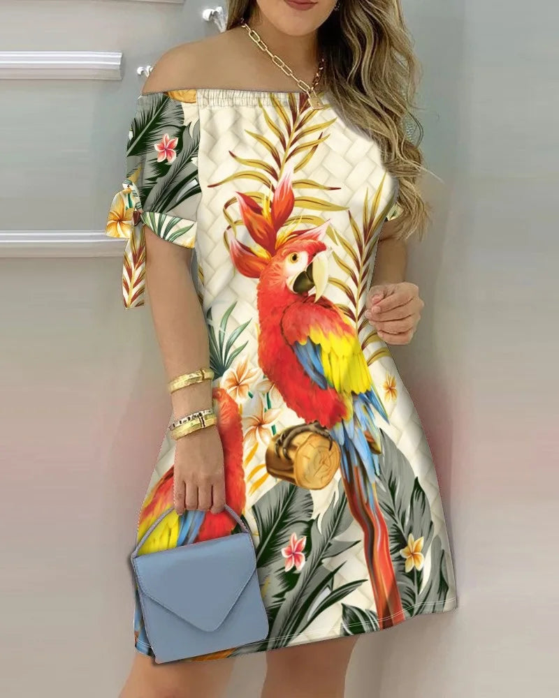 Fashionable Sexy Women's Print Dress Women's Word Shoulder Short -sleeved A -line Dress Ladies Off The Shoulder Mini Dresses