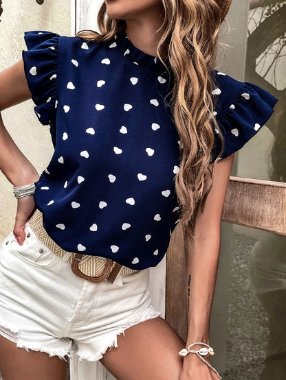 Fashion Chiffon Print Women's Shirt Casual Ruffle Short Sleeve Top Pink Chic Woman Blouse And Shirts Elegant Blouses Summer 2025