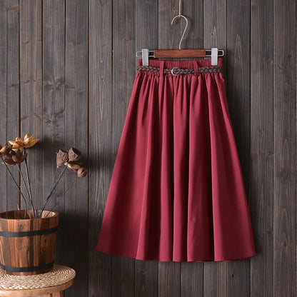 Midi Knee Length Summer Skirt Women With Belt  Fashion Korean Ladies High Waist Pleated A-line School Skirt Female
