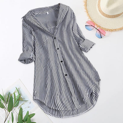 M-4XL Women Tunic Shirt Striped Long-sleeves V Neck Mid Long Turn-down Collar Loose Fit Casual Summer Elegant Ladies Blouse Top
