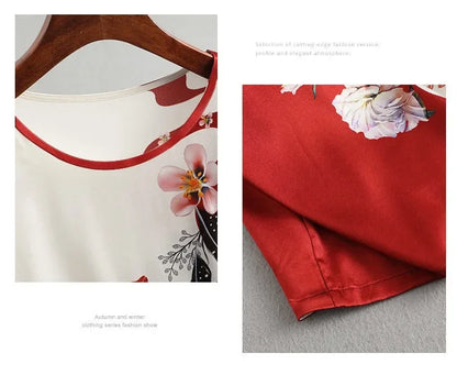 Plus Size Women Silk Satin Blouses Spring Summer Floral Printing Blouse Female Fashion Shirt Tops