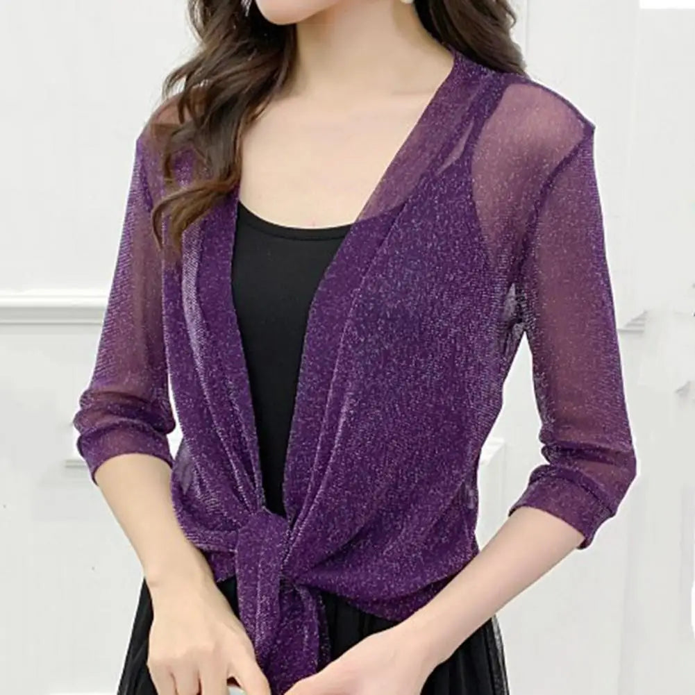 Women's Sheer Glitter Lace-up Cardigan Half Sleeve Summer Lightweight Jacket See-through Loose Blouse Women