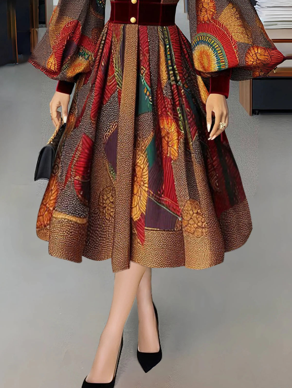 Elegant Women Dress Ethnic Print Patchwork Stand Collar Button Lantern Sleeve Velvet Waisted Evening Party Dresses Midi Dress