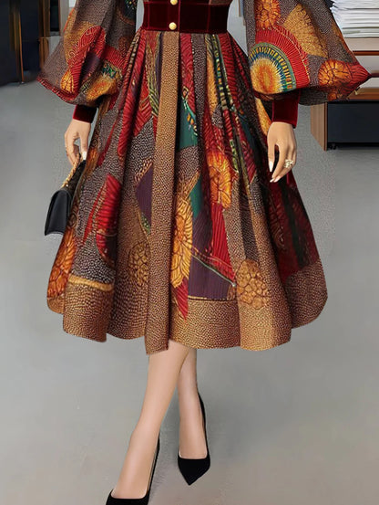 Elegant Women Dress Ethnic Print Patchwork Stand Collar Button Lantern Sleeve Velvet Waisted Evening Party Dresses Midi Dress