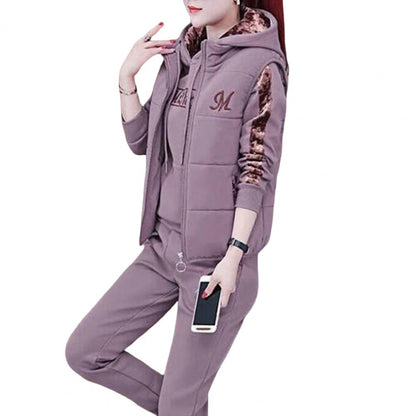 Fashion Warm Three Piece Set Women Outfit 2025 Fall Winter Thicken Tracksuit Casual Waistcoat + Hoodies + Pant Female Sweat Suit