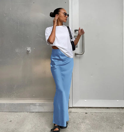 Elegant Satin Black Trumpet Skirts Fashion Slim High Waist Skirts Women Female  Solid Office Long Skirt Spring Summer