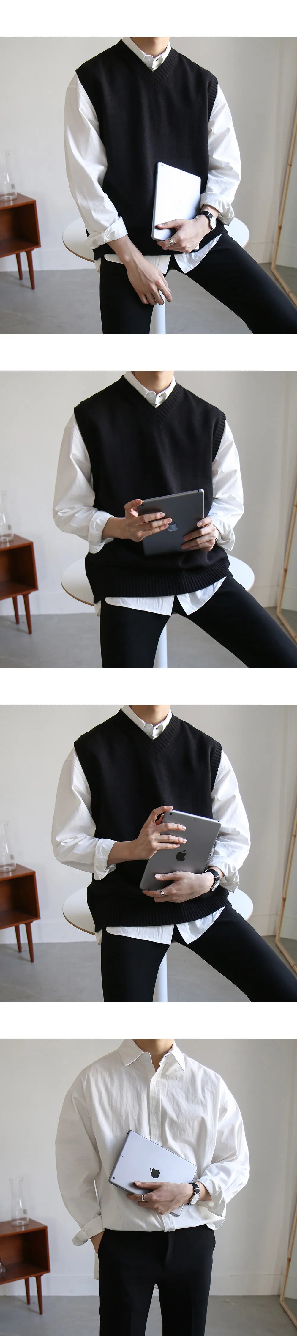 Black Sweater Vest Men Hot Sales Korean Style Chic Solid Autumn Basic Casual Sleeveless Knitwear V-neck Retro Loose High Street