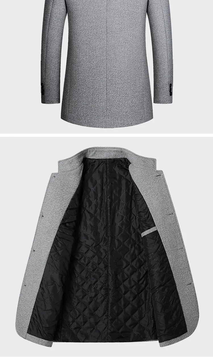 Men's Woolen Coat 2025 Autumn/Winter New Cotton Thickened Single Breasted Standing Collar Wool Blend Male Jacket