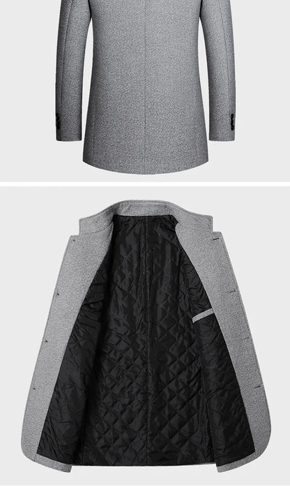 Men's Woolen Coat 2025 Autumn/Winter New Cotton Thickened Single Breasted Standing Collar Wool Blend Male Jacket