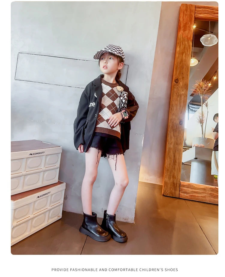 Autumn Winter Children's Boots Fashion Simple Style Girl's Ankle Boot Causal Versatile Black Kid Short Leather Boots Side Zipper