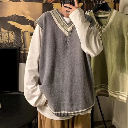 Men Asymmetrical Pattern Sweater Couple Matching Sweaters Color block V Neck Men's Vest Sweater Preppy Business Style for Mid