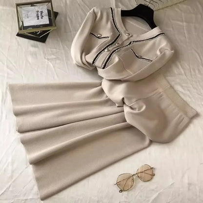 Women Casual Knitted 2 Pieces Sets Korean Cropped Knitwear Sweater Cardigan Tops Conjuntos High Waist Ankle Length Pants Suits