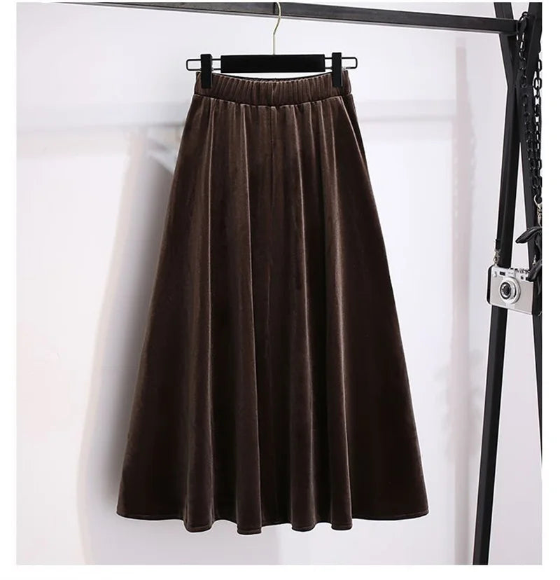 Women Large Size 4XL A-line Long Skirts Autumn Winter Ladies High Waist Skirt New Female Golden Velvet Maxi Skirt