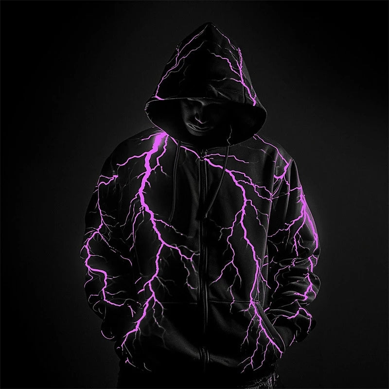 Trend Lightning Pattern Zipper Hoodies For Men Fashion Autumn Long Sleeve 3D Printed Zip Up Sweatshirt Loose Streetwear Pullover