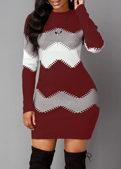 2025 New European and American Women's Dress Medium length Short Skirt Round Neck Long Sleeve Knit Wrap Bottom Dress Women