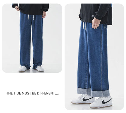Spring Men Baggy Washed Jeans Drawstring Wide Leg Cargo Denim Pants Fashion Casual Trousers Male Designer Clothing Blue Black