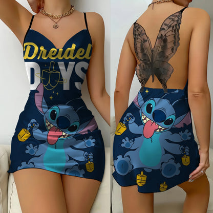 Bow Knot Party Dresses Mini Dress Disney Stitch Pajama Skirt Satin Surface Women's Fashion Summer 2025 Sexy Lace Backless Disney