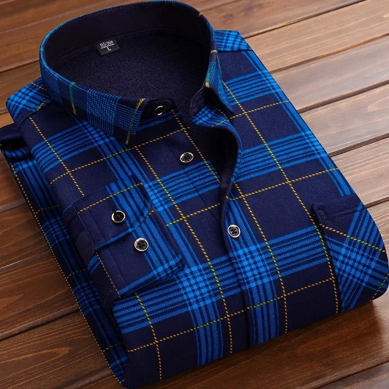 New 2025 Men's Thick Long Sleeve Shirts Fashion Casual Business Versatile Shirts Tops Men Plaid Striped Warm Shirts Camisas Male