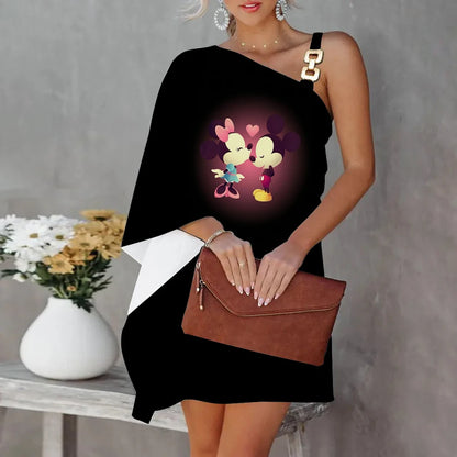 Disney Diagonal Collar One-Shoulder Party Dresses Minnie Mouse Dress Mickey Elegant Dresses for Women Evening Luxury Sexy Collar