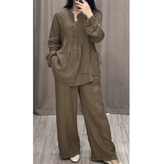 Autumn Fashion Cotton Linen Long Sleeve Half Open Shirt For Women's Suit Casual Pleated Elegant Female Wide Leg Pants 2piece Set