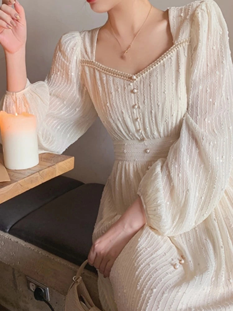 2025 Summer New Women Fashion Elegant White Midi Dresses Vintage Princess Female Party A Line Clothes Prom Robe Vestdios