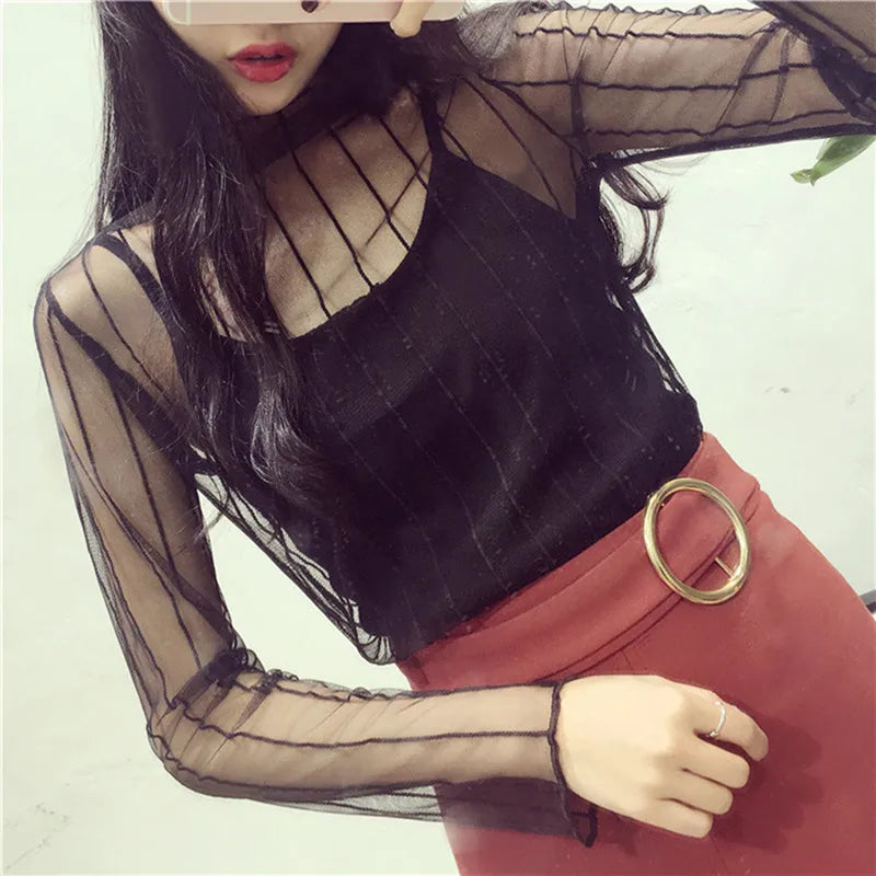 New Transparent See Through Shirt Women Sexy Harajuku Mesh Tops Net Undershirt Star Base Top Camisas Femininas Clubwear