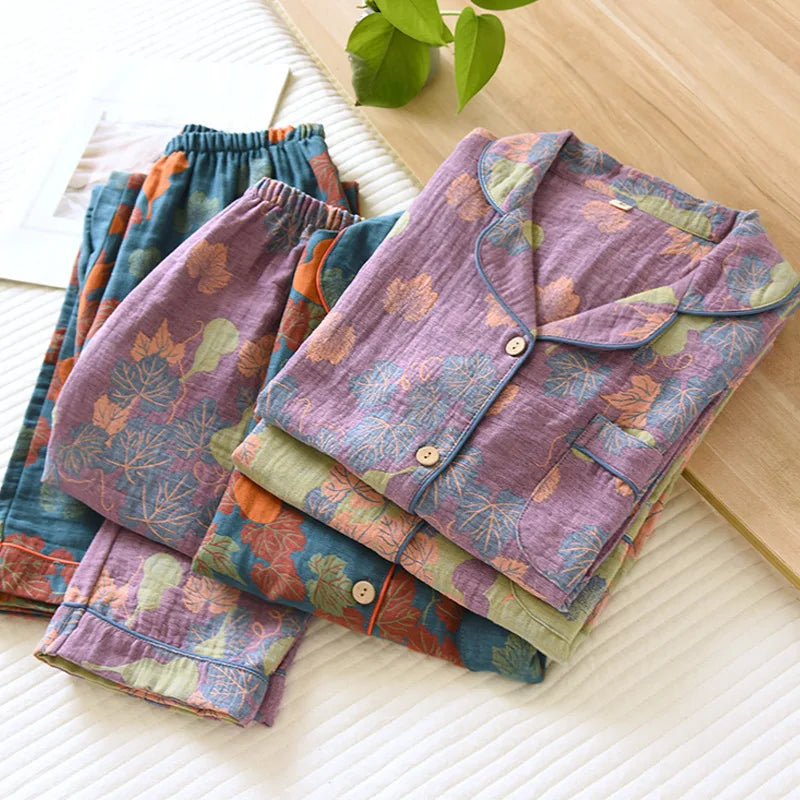 Japanese Spring and Autumn New Women's Pajama Set 100% Cotton Vintage Long Sleeved Pants Two Piece Set for Home Furnishings
